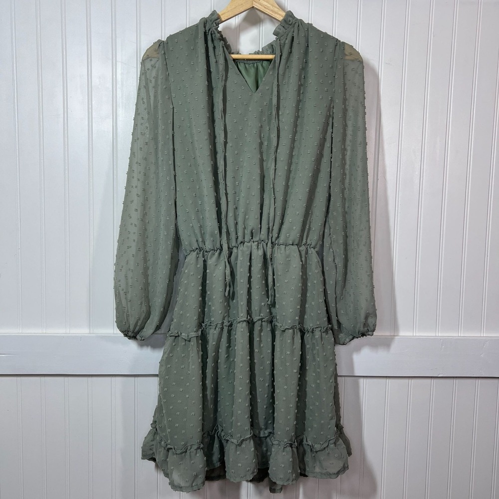 BTFBM Prairie Fairy Sage Swiss Dot Long Sleeve Tiered Ruffle Mini Dress Tie Neck